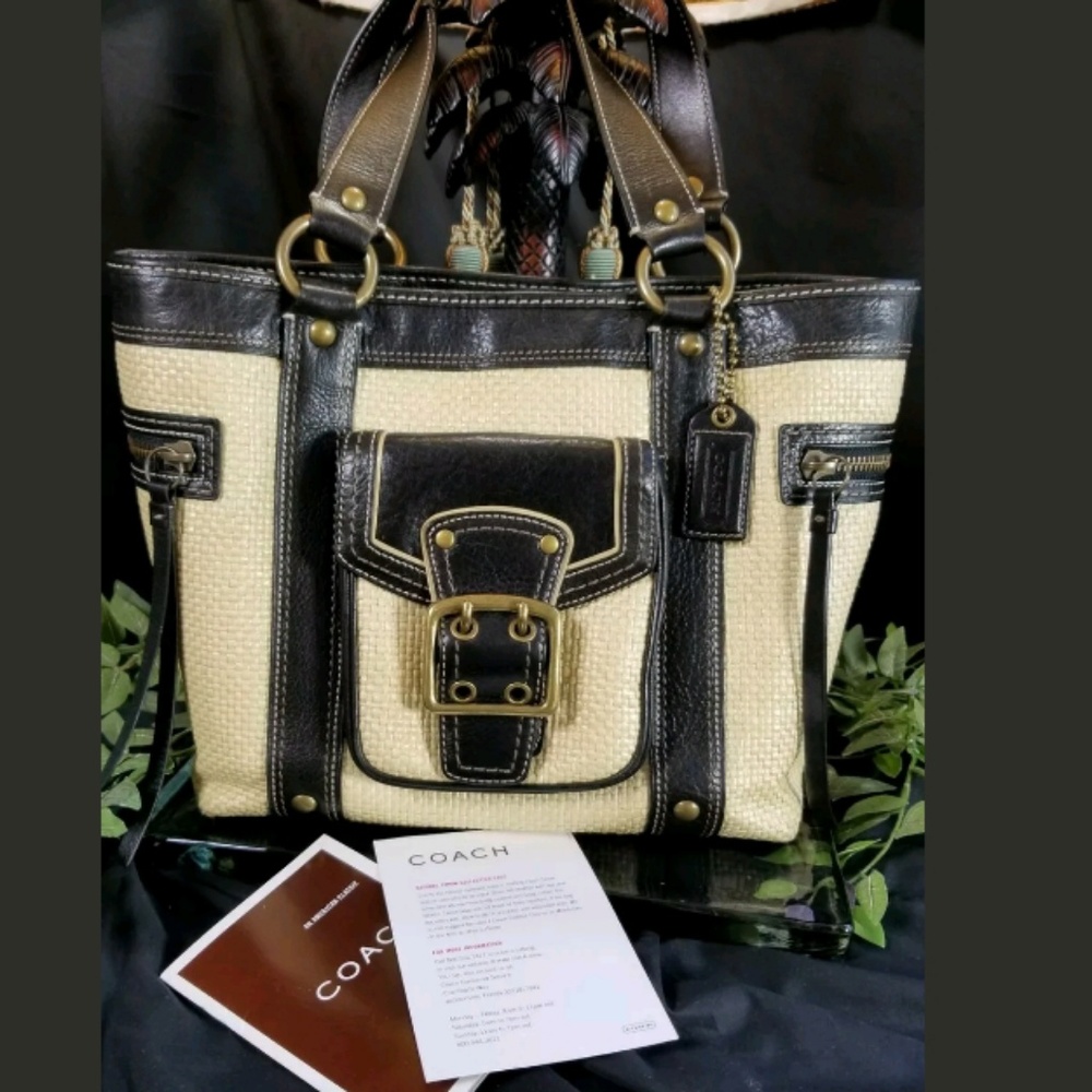 Coach Yellow Straw and Black Leather Shoulder Bag